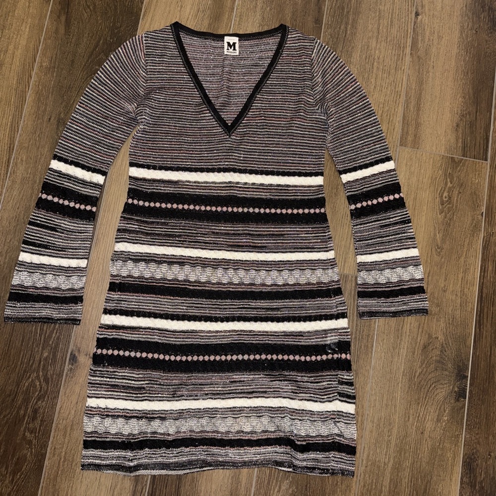M Missoni Striped Black Silver Pink Knit Long Sleeve Dress Italy Party Sz 6 42